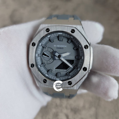 Casioak Mod Watch Silver Case Gray Rubber Strap Light Gray Time Mark Gray Dial 44mm- Casioak Mod Casio G-Shock Royal Oak Custom Mens Luxury Watches Ga2100