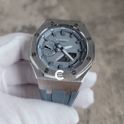 Casioak Mod Watch Silver Case Gray Rubber Strap Light Gray Time Mark Gray Dial 44mm- Casioak Mod Casio G-Shock Royal Oak Custom Mens Luxury Watches Ga2100