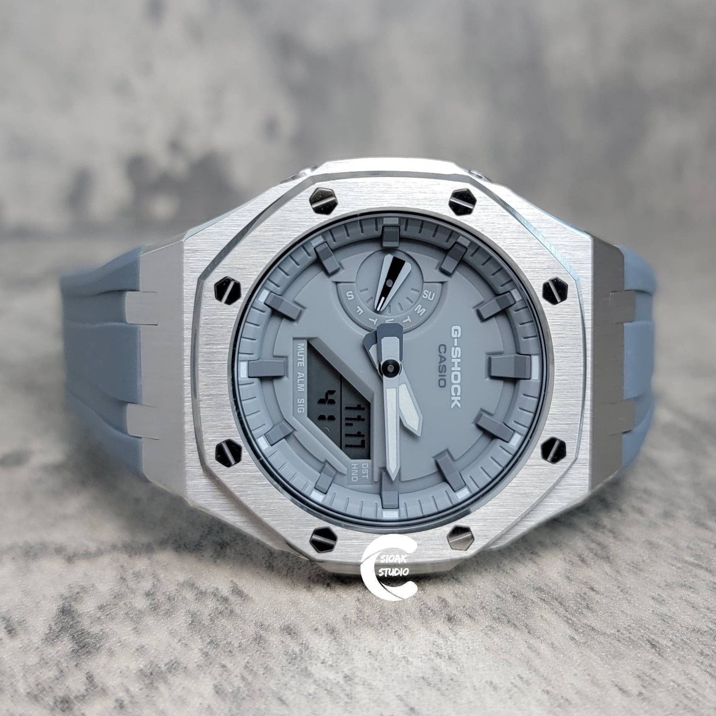 Casioak Mod Watch Silver Case Gray Rubber Strap Light Gray Time Mark Gray Dial 44mm- Casioak Mod Casio G-Shock Royal Oak Custom Mens Luxury Watches Ga2100