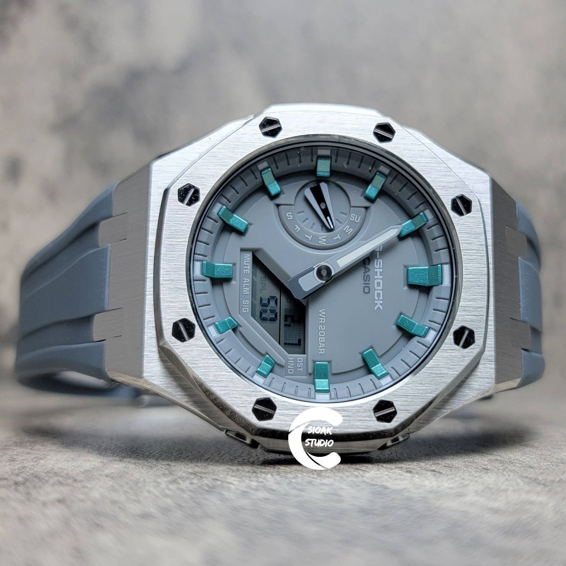 Casioak Mod Watch Silver Case Gray Rubber Strap Light Gray Turquoise Time Mark Gray Dial 44mm- Casioak Mod Casio G-Shock Royal Oak Custom Mens Luxury Watches Ga2100