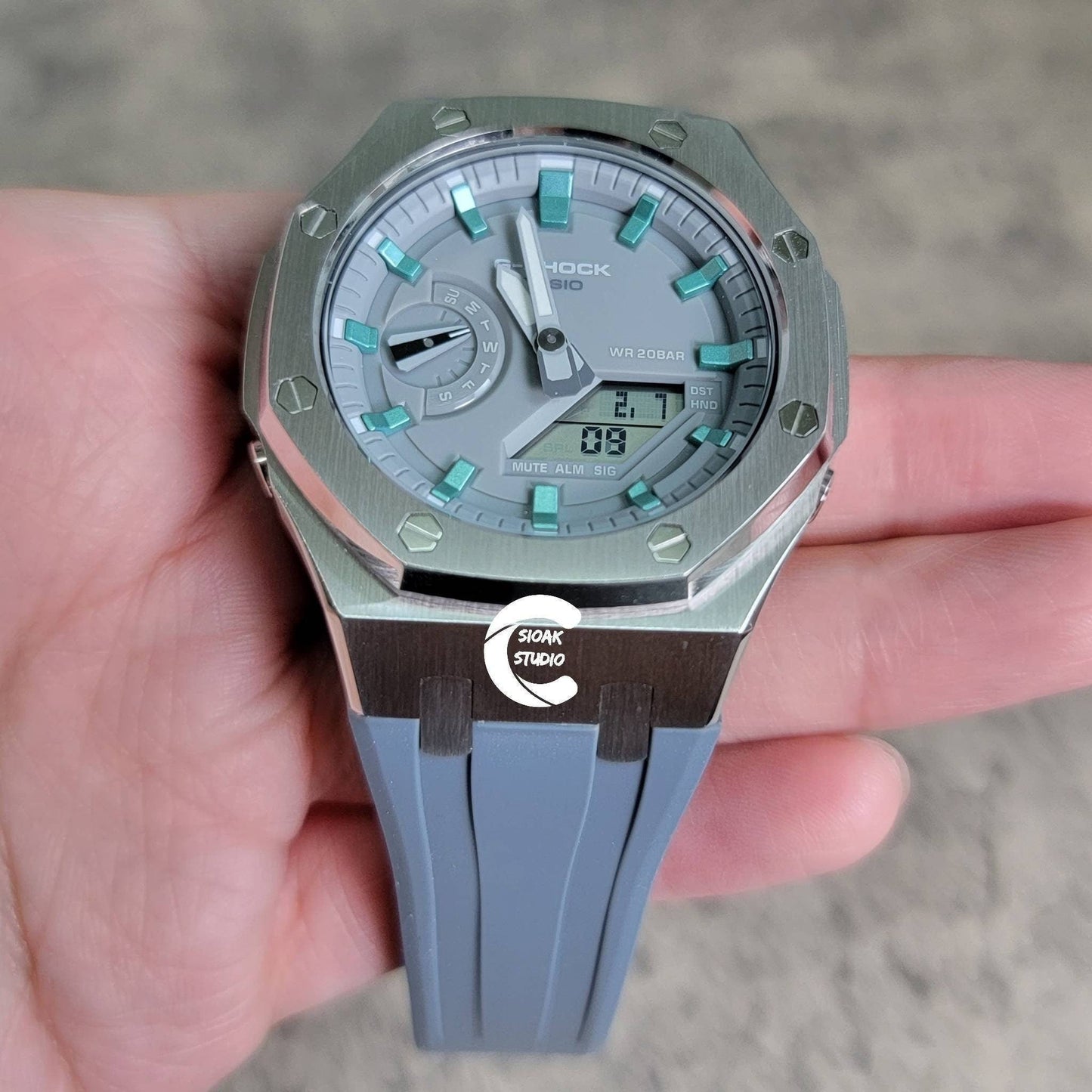 Casioak Mod Watch Silver Case Gray Rubber Strap Light Gray Turquoise Time Mark Gray Dial 44mm- Casioak Mod Casio G-Shock Royal Oak Custom Mens Luxury Watches Ga2100