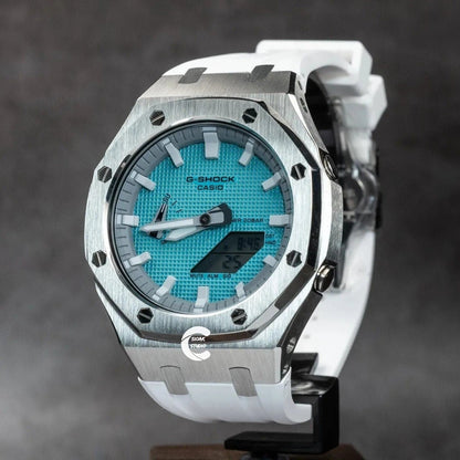 Casioak Mod Watch Silver Case Gray Rubber Strap Light Gray White Time Mark Tiff Blue Dial 44mm- Casioak Mod Casio G-Shock Royal Oak Custom Mens Luxury Watches Ga2100