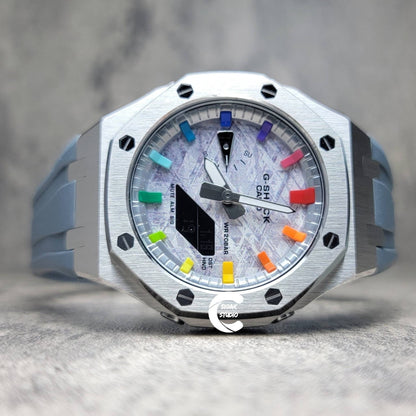 Casioak Mod Watch Silver Case Gray Rubber Strap Silver Rainbow Time Mark Meteorite Dial 44mm- Casioak Mod Casio G-Shock Royal Oak Custom Mens Luxury Watches Ga2100