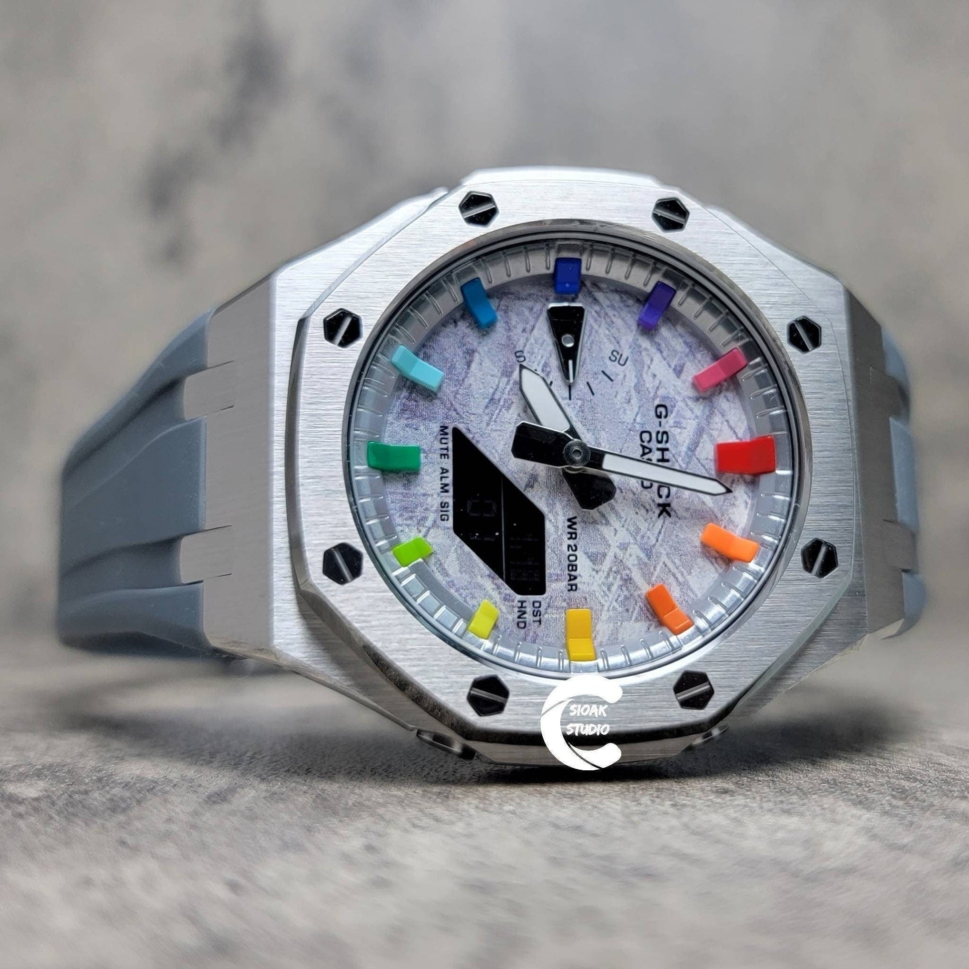 Casioak Mod Watch Silver Case Gray Rubber Strap Silver Rainbow Time Mark Meteorite Dial 44mm- Casioak Mod Casio G-Shock Royal Oak Custom Mens Luxury Watches Ga2100