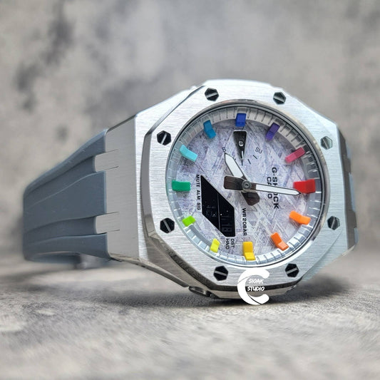 Casioak Mod Watch Silver Case Gray Rubber Strap Silver Rainbow Time Mark Meteorite Dial 44mm- Casioak Mod Casio G-Shock Royal Oak Custom Mens Luxury Watches Ga2100