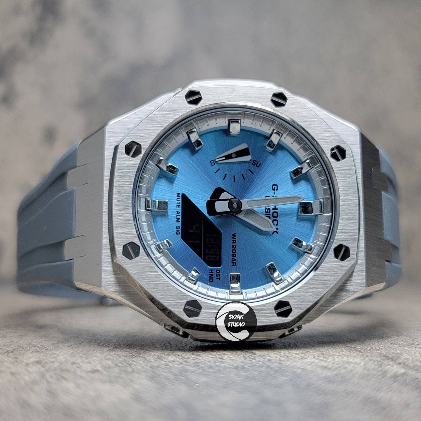 Casioak Mod Watch Silver Case Gray Rubber Strap Silver Time Mark Ice Blue Dial 44mm- Casioak Mod Casio G-Shock Royal Oak Custom Mens Luxury Watches Ga2100