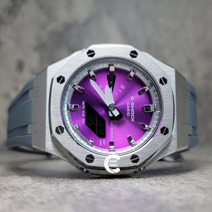 Casioak Mod Watch Silver Case Gray Rubber Strap Silver Time Mark Purple Dial 44mm- Casioak Mod Casio G-Shock Royal Oak Custom Mens Luxury Watches Ga2100