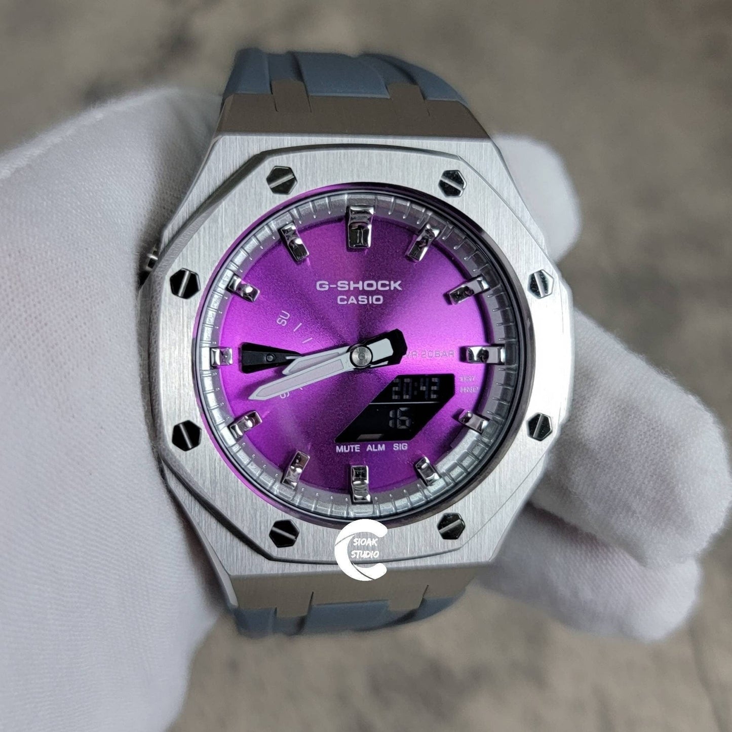 Casioak Mod Watch Silver Case Gray Rubber Strap Silver Time Mark Purple Dial 44mm- Casioak Mod Casio G-Shock Royal Oak Custom Mens Luxury Watches Ga2100