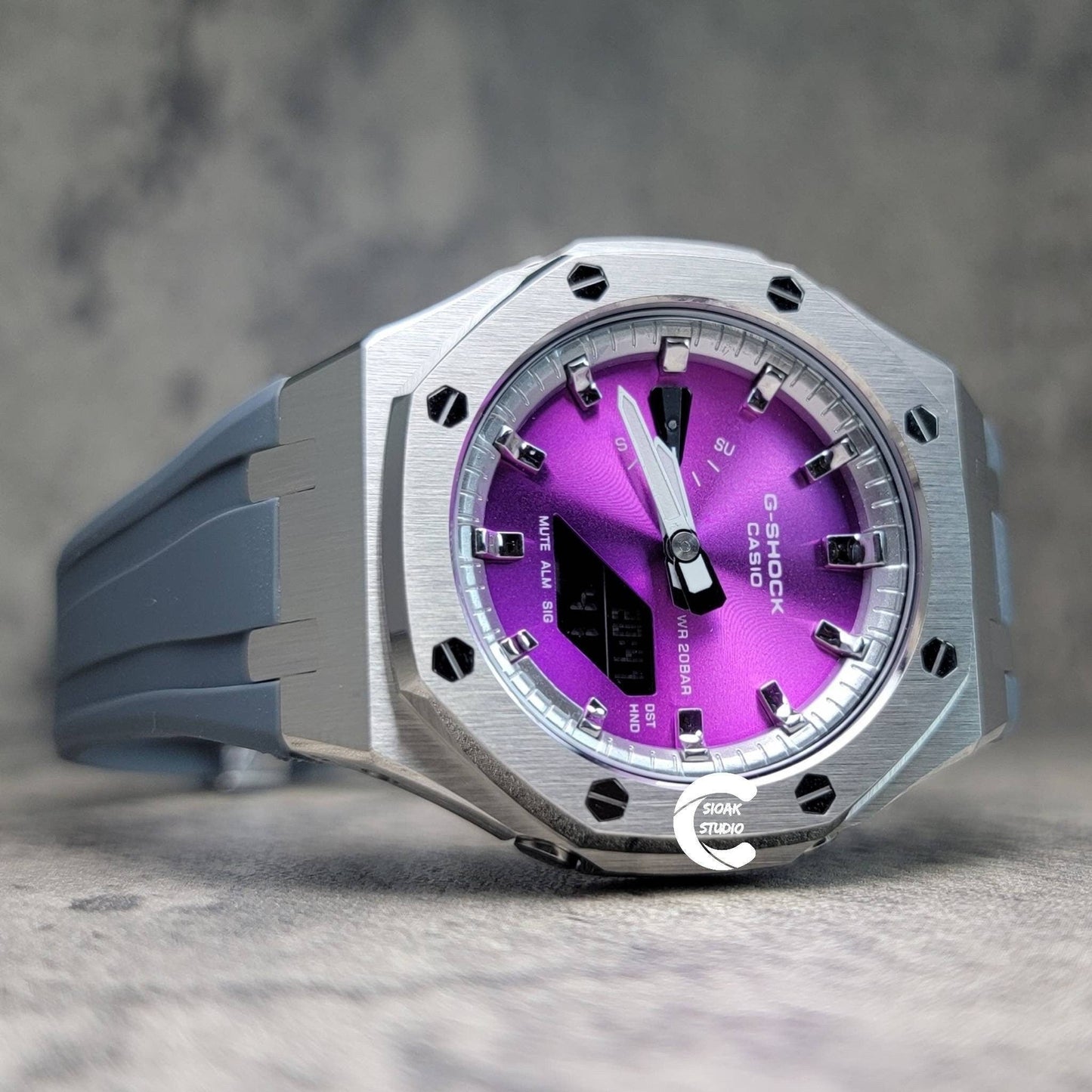 Casioak Mod Watch Silver Case Gray Rubber Strap Silver Time Mark Purple Dial 44mm- Casioak Mod Casio G-Shock Royal Oak Custom Mens Luxury Watches Ga2100