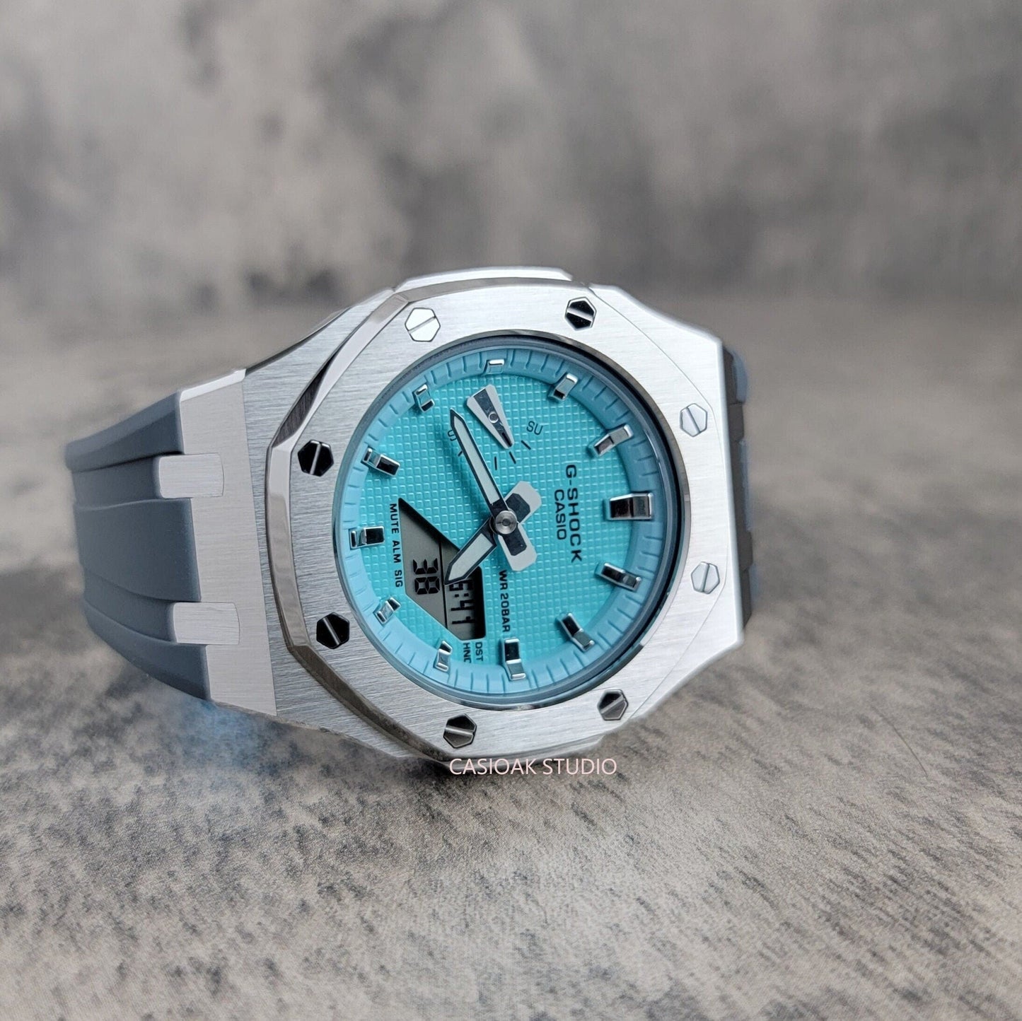 Casioak Mod Watch Silver Case Gray Rubber Strap Tiff Silver Time Mark Tiff Blue Dial 42mm- Casioak Mod Casio G-Shock Royal Oak Custom Mens Luxury Watches Ga2100