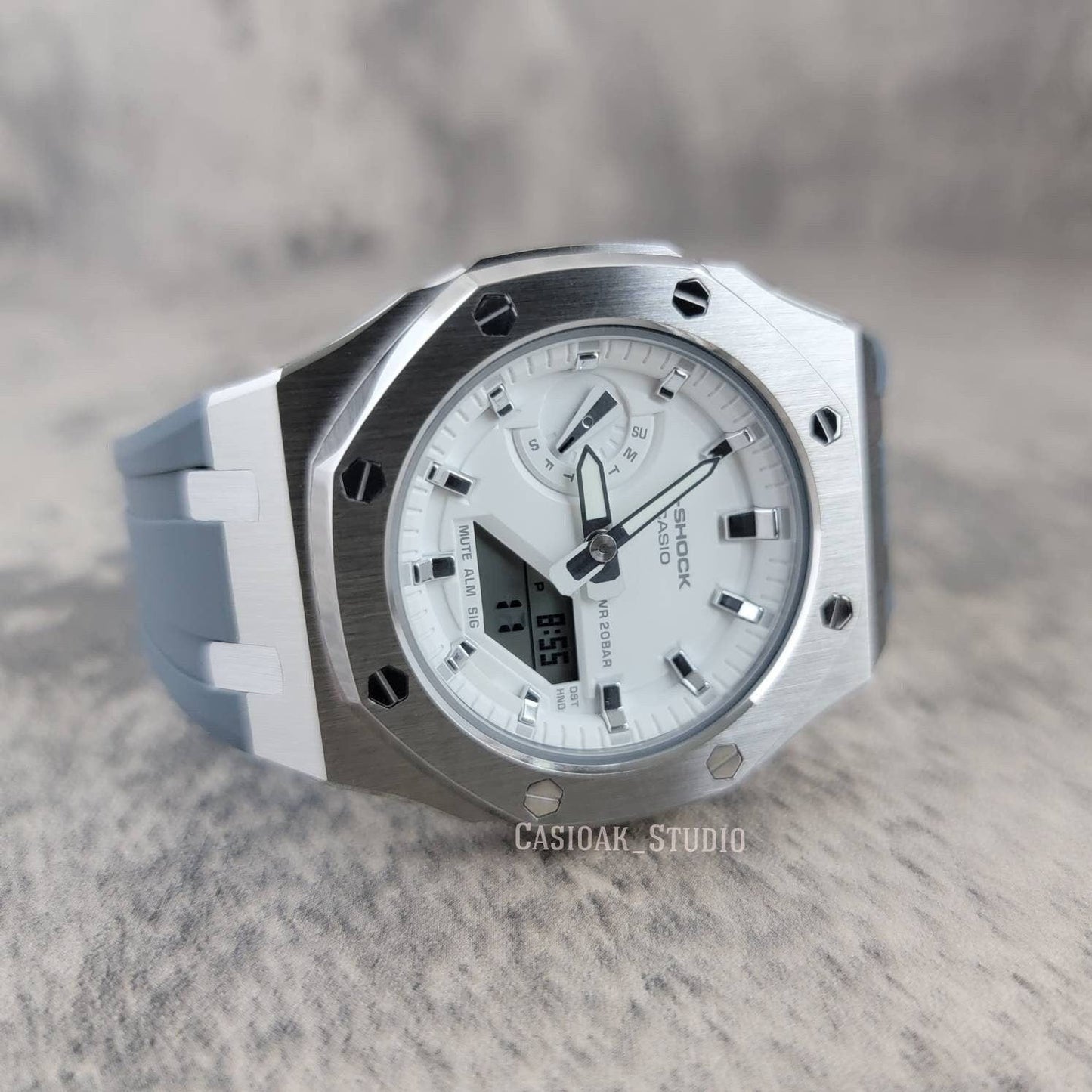 Casioak Mod Watch Silver Case Gray Rubber Strap White Silver Time Mark White Dial 42mm- Casioak Mod Casio G-Shock Royal Oak Custom Mens Luxury Watches Ga2100