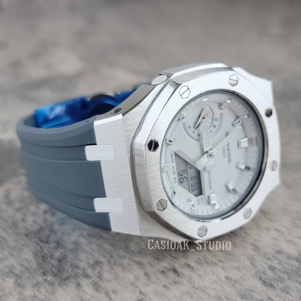 Casioak Mod Watch Silver Case Gray Rubber Strap White Silver Time Mark White Dial 42mm- Casioak Mod Casio G-Shock Royal Oak Custom Mens Luxury Watches Ga2100