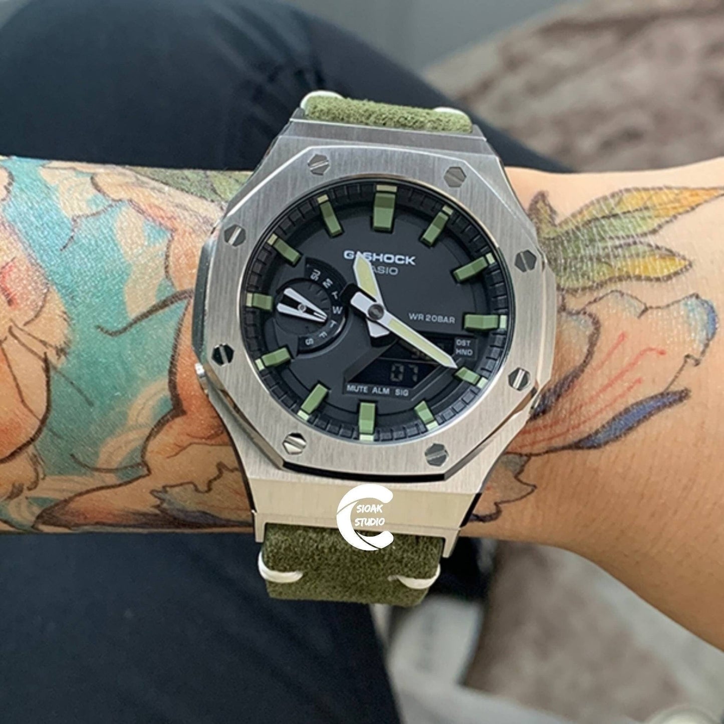 Casioak Mod Watch Silver Case Green Leather Strap Black Green Time Mark Black Dial 44mm- Casioak Mod Casio G-Shock Royal Oak Custom Mens Luxury Watches Ga2100