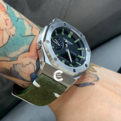 Casioak Mod Watch Silver Case Green Leather Strap Black Green Time Mark Black Dial 44mm- Casioak Mod Casio G-Shock Royal Oak Custom Mens Luxury Watches Ga2100