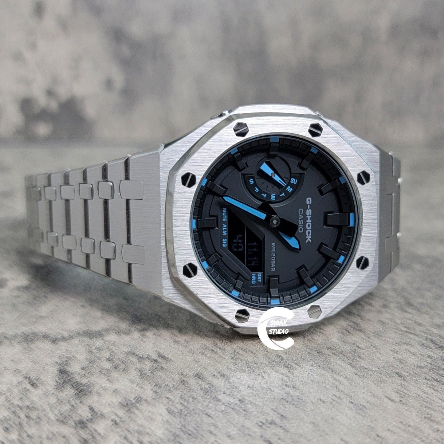 Casioak Mod Watch Silver Case Metal Strap Black Black Time Mark Black Dial Blue 44mm- Casioak Mod Casio G-Shock Royal Oak Custom Mens Luxury Watches Ga2100