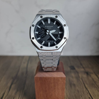 Casioak Mod Watch Silver Case Metal Strap Black Light Gray Time Mark Black Dial 44mm- Casioak Mod Casio G-Shock Royal Oak Custom Mens Luxury Watches Ga2100