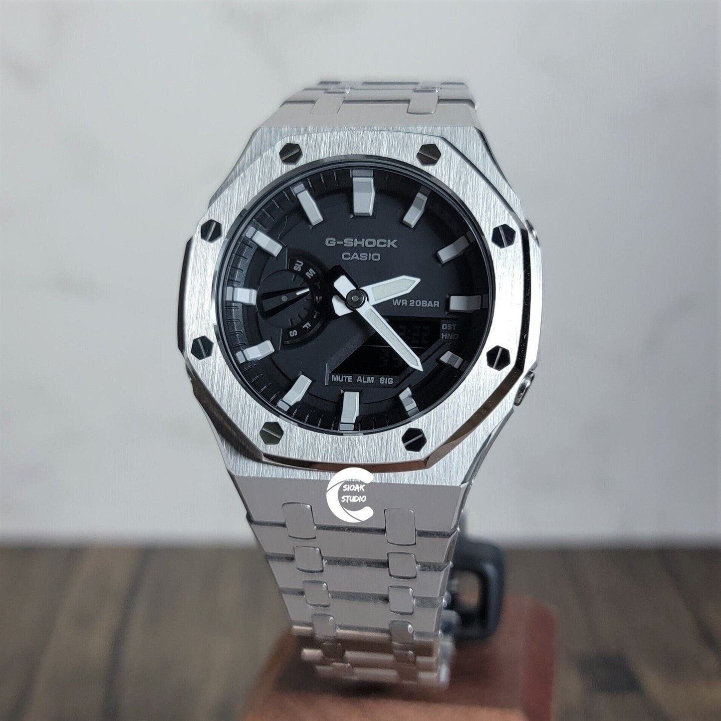 Casioak Mod Watch Silver Case Metal Strap Black Light Gray Time Mark Black Dial 44mm- Casioak Mod Casio G-Shock Royal Oak Custom Mens Luxury Watches Ga2100