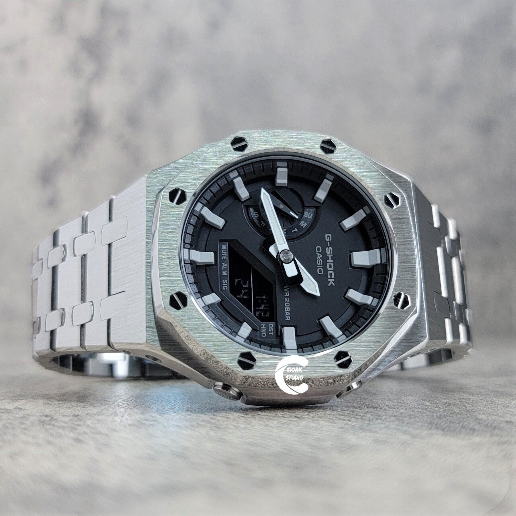 Casioak Mod Watch Silver Case Metal Strap Black Light Gray Time Mark Black Dial 44mm- Casioak Mod Casio G-Shock Royal Oak Custom Mens Luxury Watches Ga2100