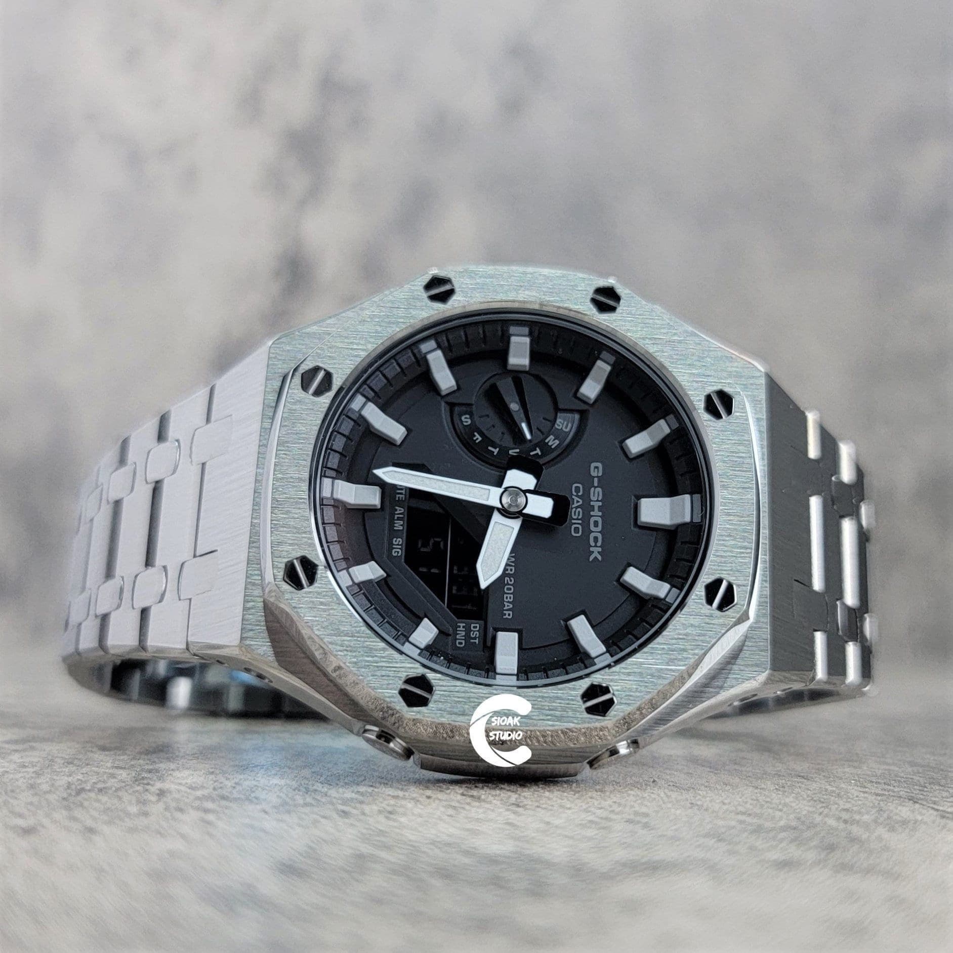 Casioak Mod Watch Silver Case Metal Strap Black Light Gray Time Mark Black Dial 44mm- Casioak Mod Casio G-Shock Royal Oak Custom Mens Luxury Watches Ga2100