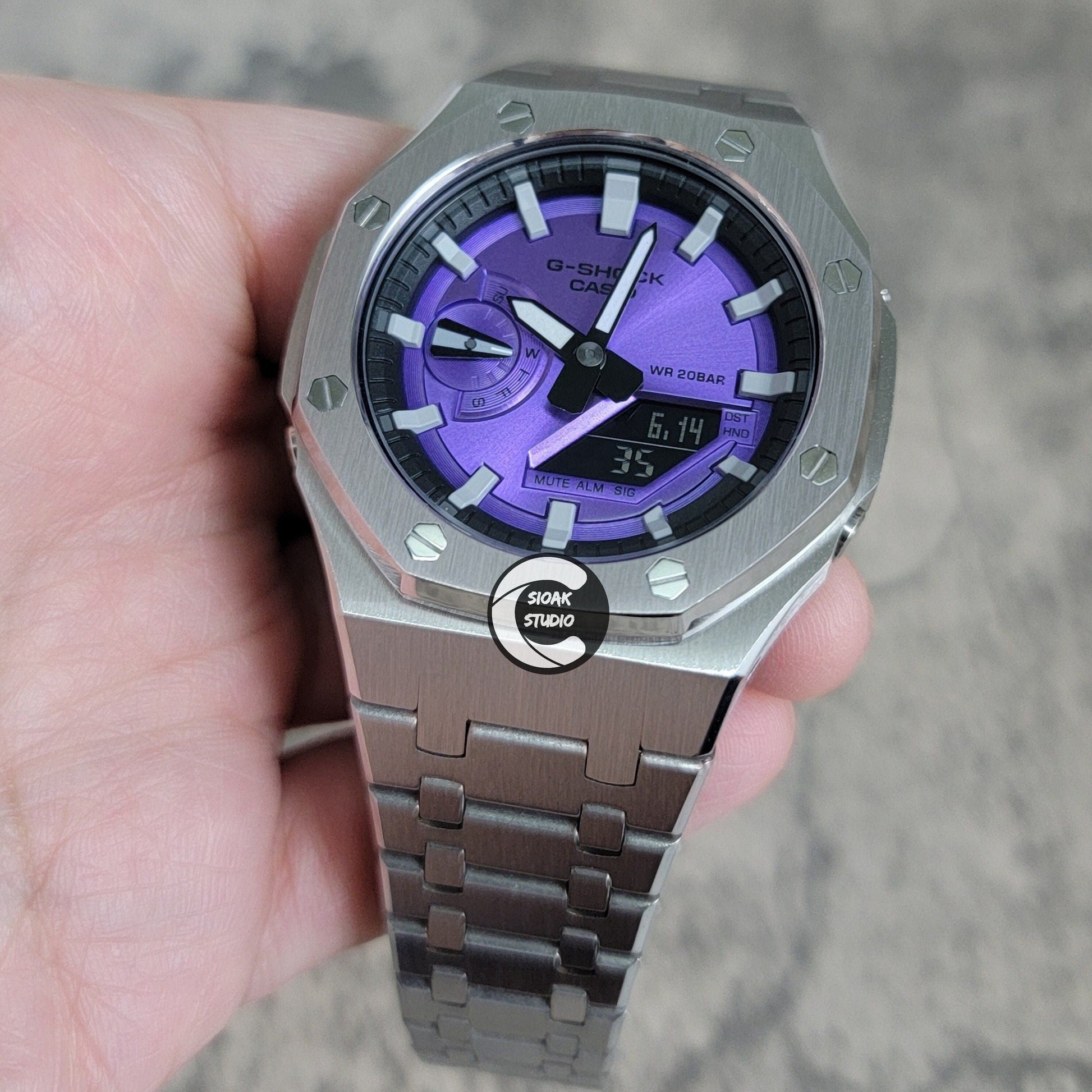 Casioak Mod Watch Silver Case Metal Strap Black Light Grey Time Mark Purple Dial 44mm- Casioak Mod Casio G-Shock Royal Oak Custom Mens Luxury Watches Ga2100