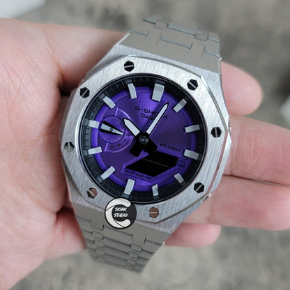 Casioak Mod Watch Silver Case Metal Strap Black Light Grey Time Mark Purple Dial 44mm- Casioak Mod Casio G-Shock Royal Oak Custom Mens Luxury Watches Ga2100