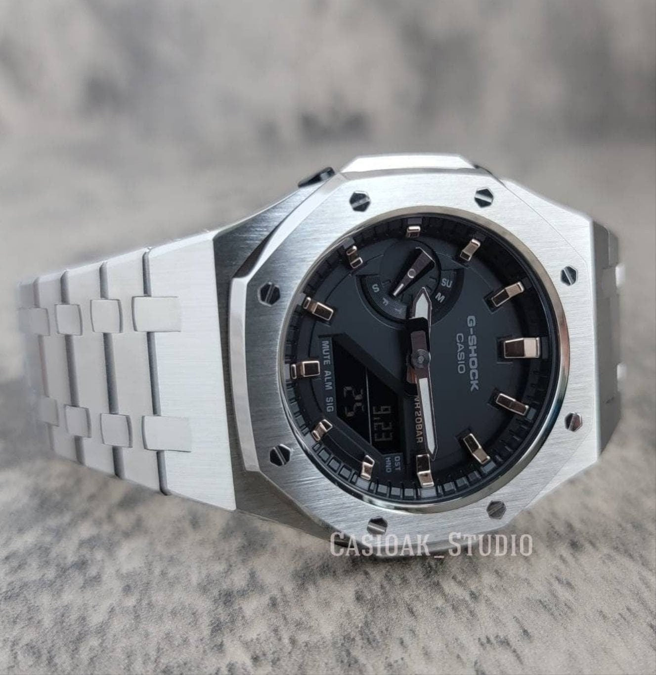 Casioak Mod Watch Silver Case Metal Strap Black Rose Gold Time Mark Black Dial 44mm- Casioak Mod Casio G-Shock Royal Oak Custom Mens Luxury Watches Ga2100