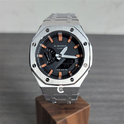 Casioak Mod Watch Silver Case Metal Strap Black Rose Gold Time Mark Black Dial 44mm- Casioak Mod Casio G-Shock Royal Oak Custom Mens Luxury Watches Ga2100