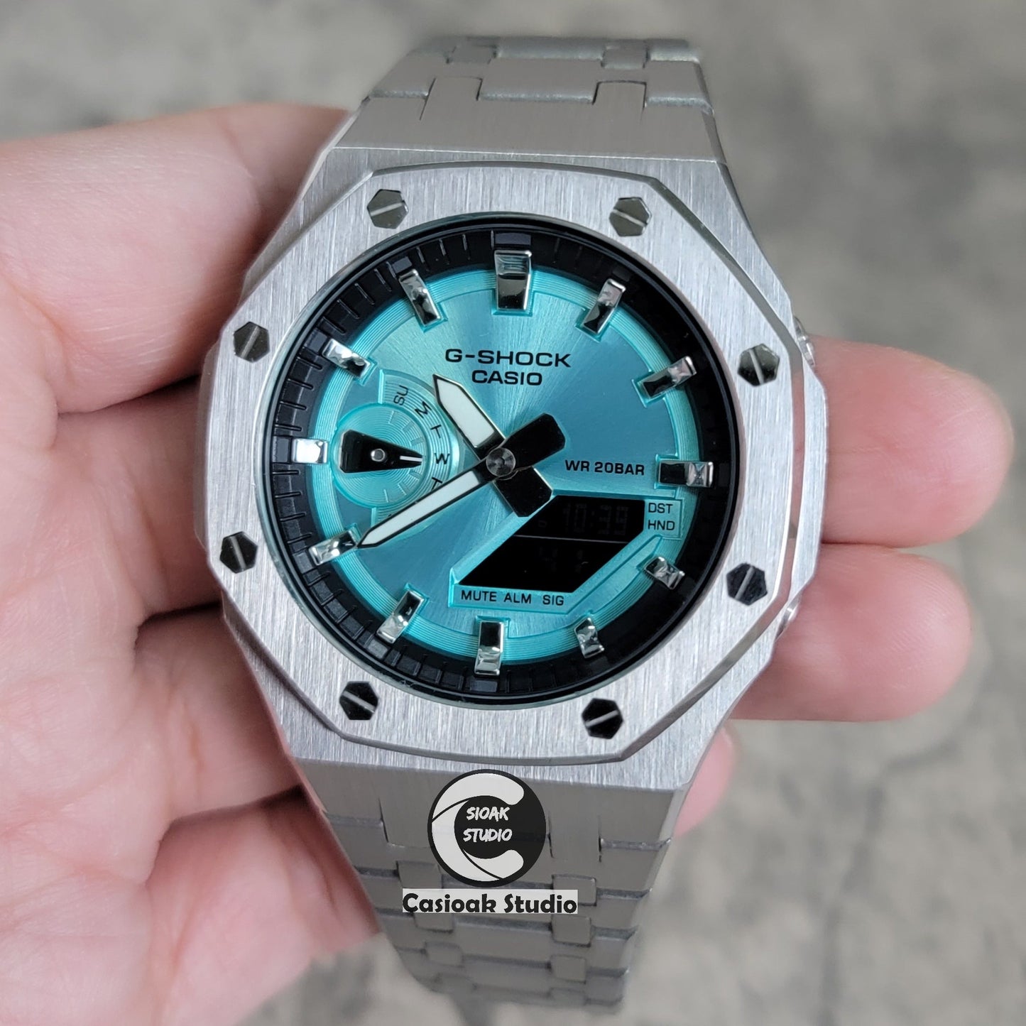 Casioak Mod Watch Silver Case Metal Strap Black Silver Time Mark Tiff Blue Dial 44mm- Casioak Mod Casio G-Shock Royal Oak Custom Mens Luxury Watches Ga2100