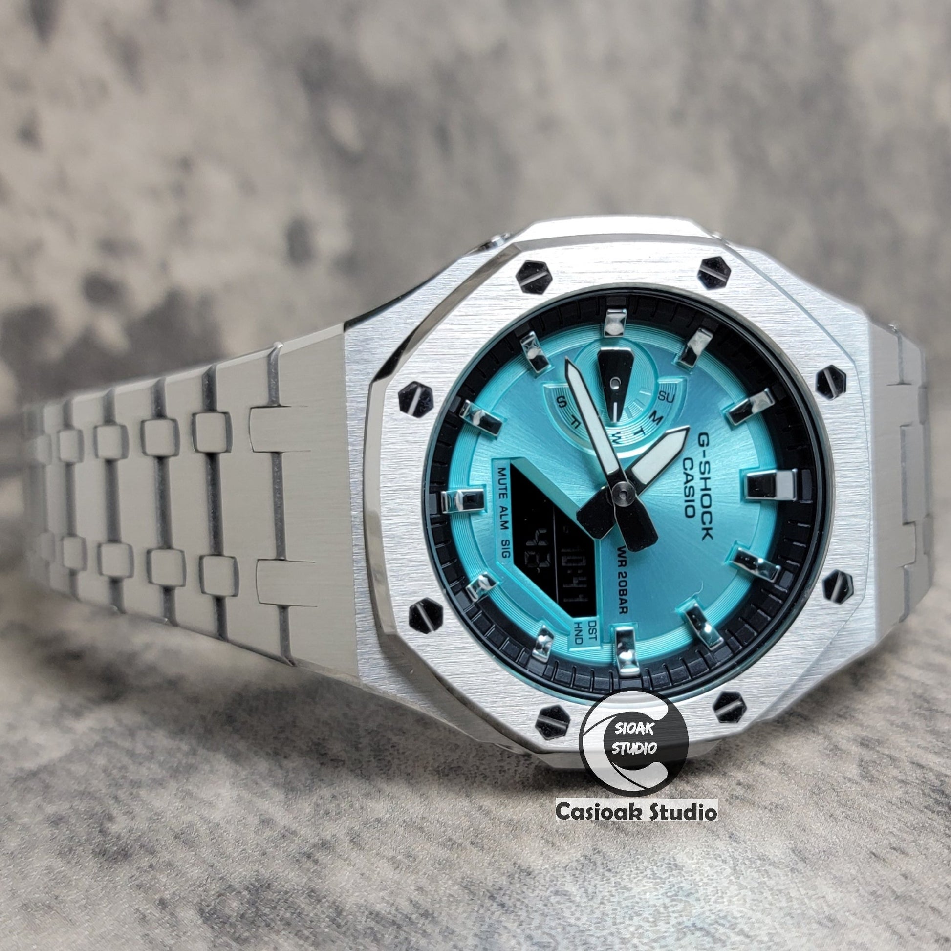 Casioak Mod Watch Silver Case Metal Strap Black Silver Time Mark Tiff Blue Dial 44mm- Casioak Mod Casio G-Shock Royal Oak Custom Mens Luxury Watches Ga2100