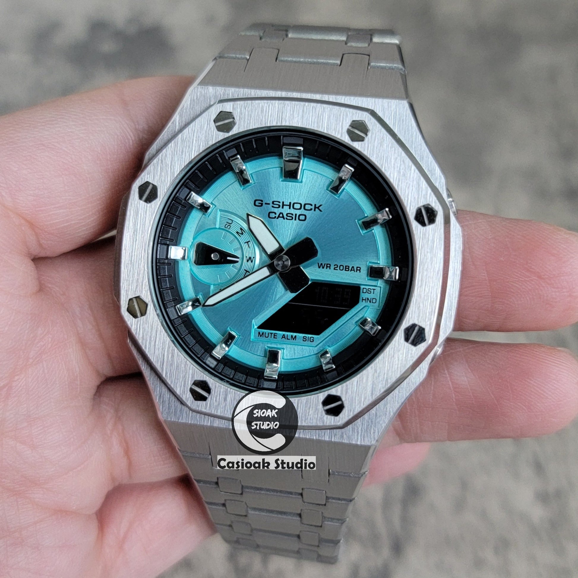 Casioak Mod Watch Silver Case Metal Strap Black Silver Time Mark Tiff Blue Dial 44mm- Casioak Mod Casio G-Shock Royal Oak Custom Mens Luxury Watches Ga2100