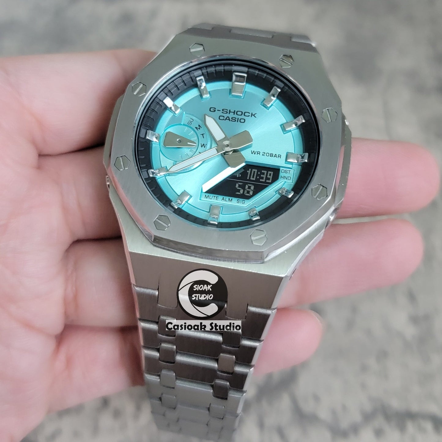 Casioak Mod Watch Silver Case Metal Strap Black Silver Time Mark Tiff Blue Dial 44mm- Casioak Mod Casio G-Shock Royal Oak Custom Mens Luxury Watches Ga2100