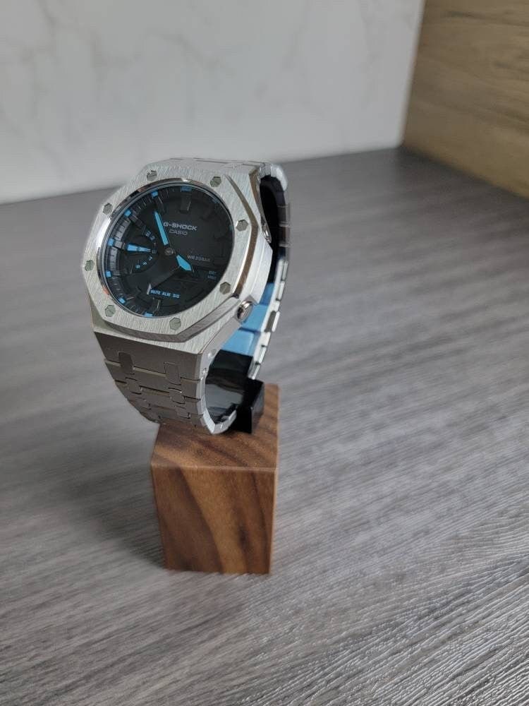 Casioak Mod Watch Silver Case Metal Strap Black Time Mark Black Dial 44mm Blue- Casioak Mod Casio G-Shock Royal Oak Custom Mens Luxury Watches Ga2100