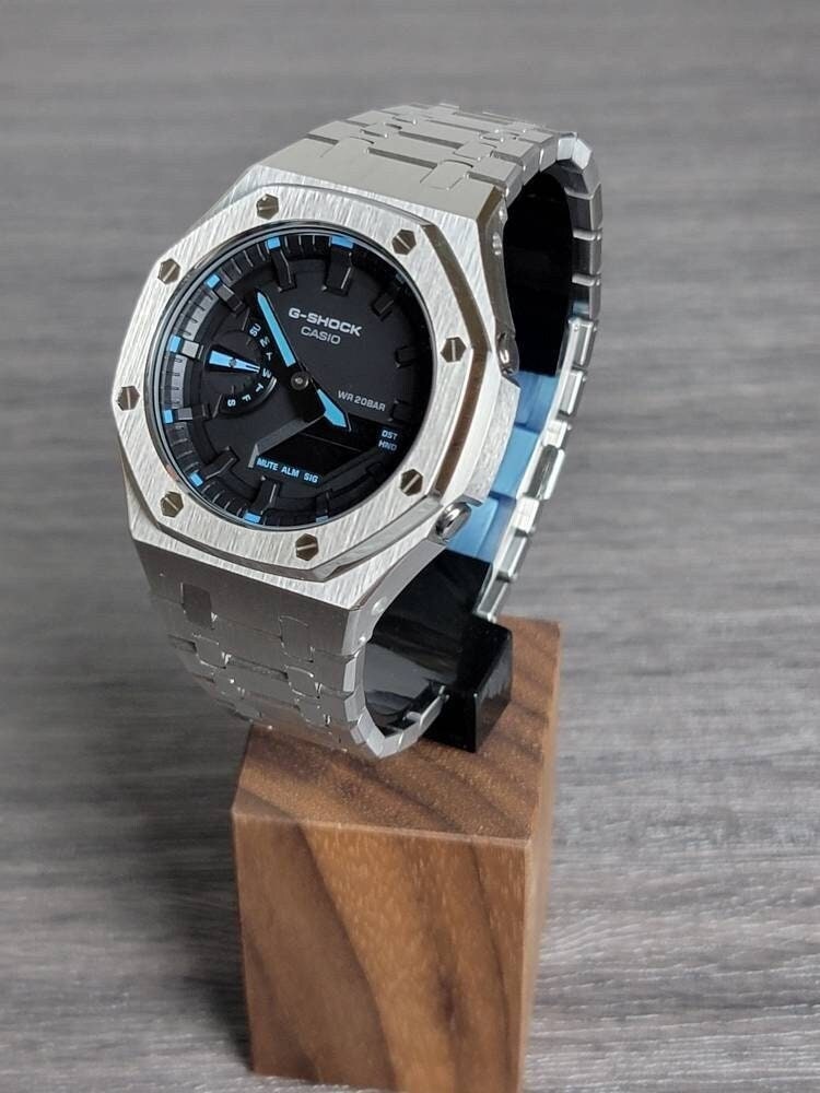 Casioak Mod Watch Silver Case Metal Strap Black Time Mark Black Dial 44mm Blue- Casioak Mod Casio G-Shock Royal Oak Custom Mens Luxury Watches Ga2100