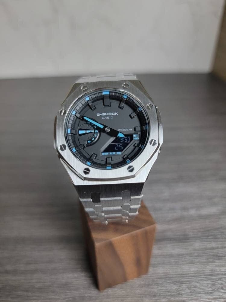 Casioak Mod Watch Silver Case Metal Strap Black Time Mark Black Dial 44mm Blue- Casioak Mod Casio G-Shock Royal Oak Custom Mens Luxury Watches Ga2100