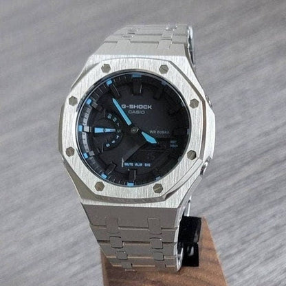 Casioak Mod Watch Silver Case Metal Strap Black Time Mark Black Dial 44mm Blue- Casioak Mod Casio G-Shock Royal Oak Custom Mens Luxury Watches Ga2100