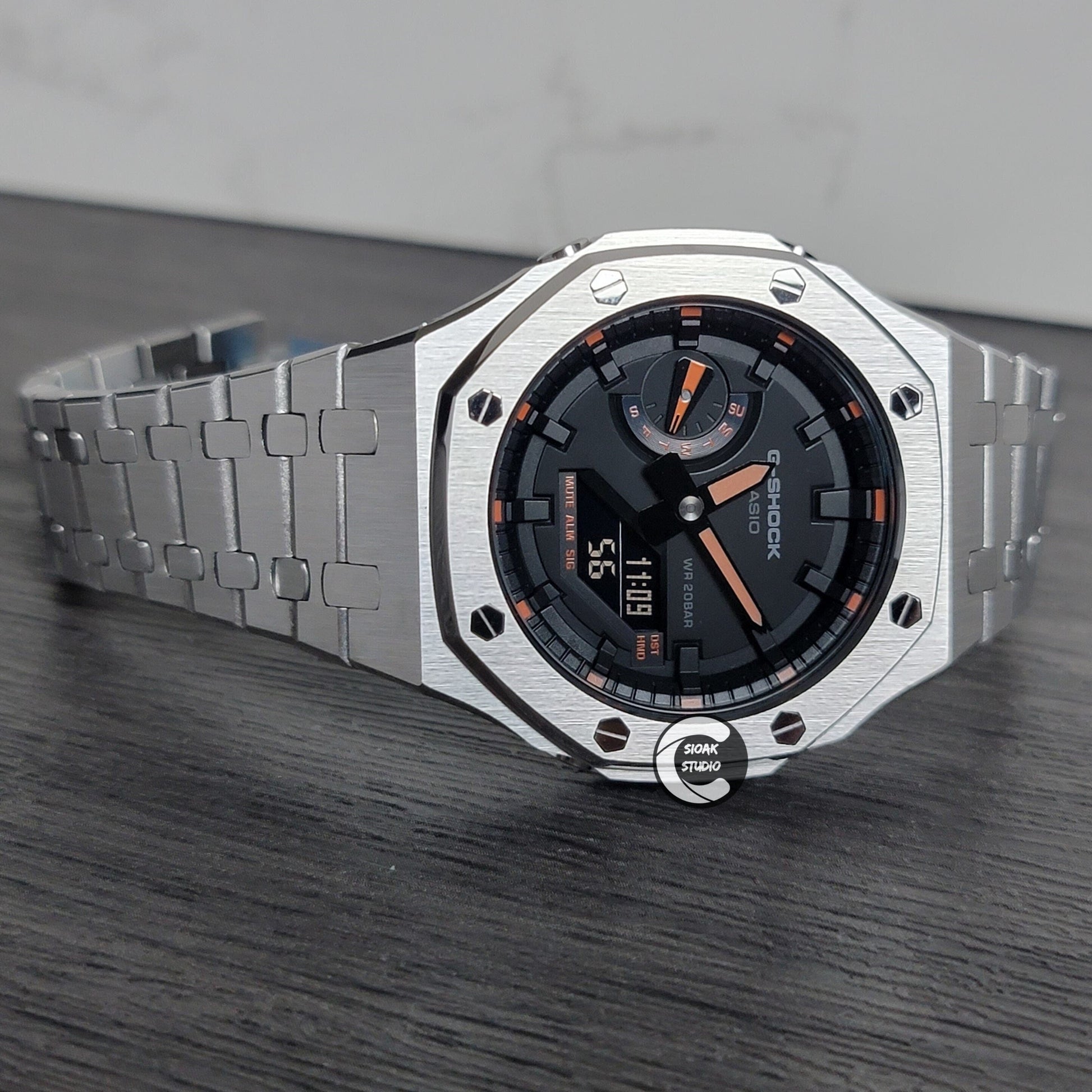 Casioak Mod Watch Silver Case Metal Strap Black Time Mark Black Dial Orange 44mm- Casioak Mod Casio G-Shock Royal Oak Custom Mens Luxury Watches Ga2100