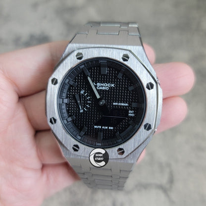 Casioak Mod Watch Silver Case Metal Strap Black Time Mark Black Waffle Dial 44mm- Casioak Mod Casio G-Shock Royal Oak Custom Mens Luxury Watches Ga2100