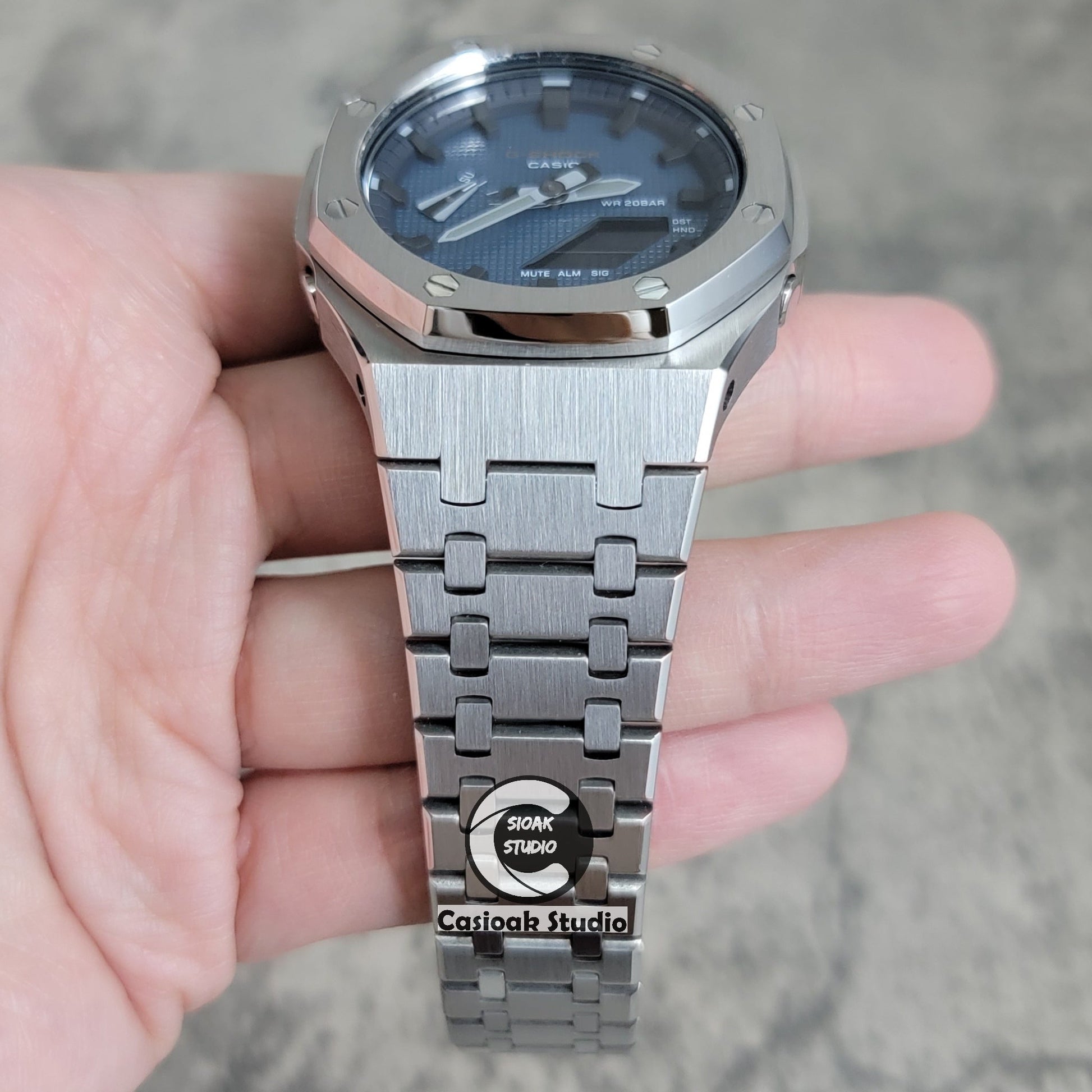 Casioak Mod Watch Silver Case Metal Strap Black Time Mark Blue Waffle Dial 44mm- Casioak Mod Casio G-Shock Royal Oak Custom Mens Luxury Watches Ga2100