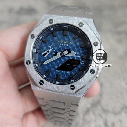 Casioak Mod Watch Silver Case Metal Strap Black Time Mark Blue Waffle Dial 44mm- Casioak Mod Casio G-Shock Royal Oak Custom Mens Luxury Watches Ga2100