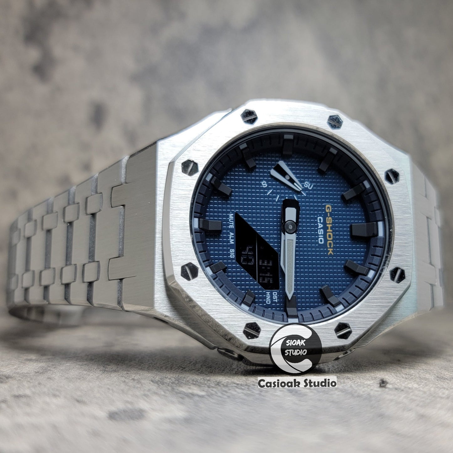 Casioak Mod Watch Silver Case Metal Strap Black Time Mark Blue Waffle Dial 44mm- Casioak Mod Casio G-Shock Royal Oak Custom Mens Luxury Watches Ga2100