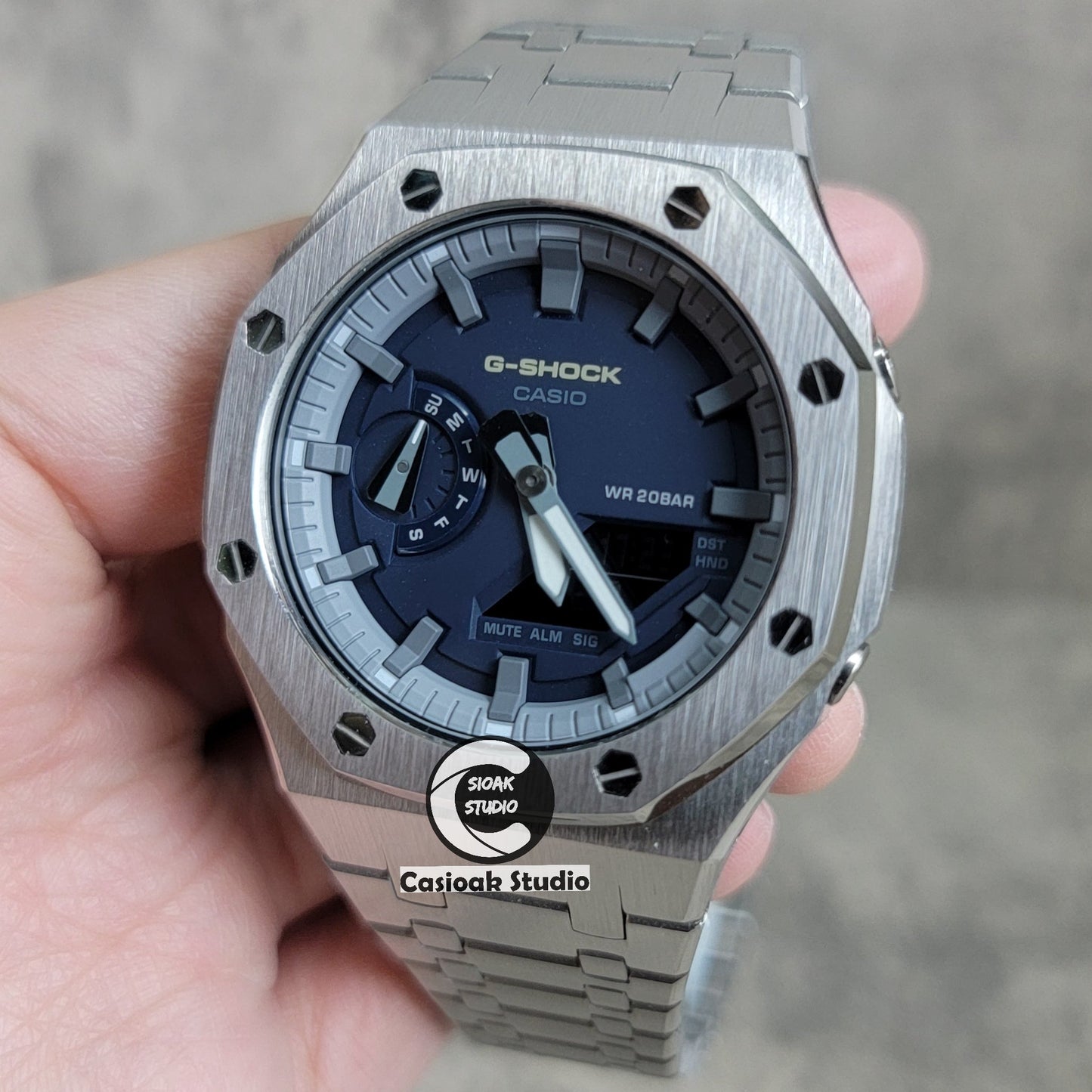 Casioak Mod Watch Silver Case Metal Strap Black Time Mark Navy Blue Dial 44mm- Casioak Mod Casio G-Shock Royal Oak Custom Mens Luxury Watches Ga2100