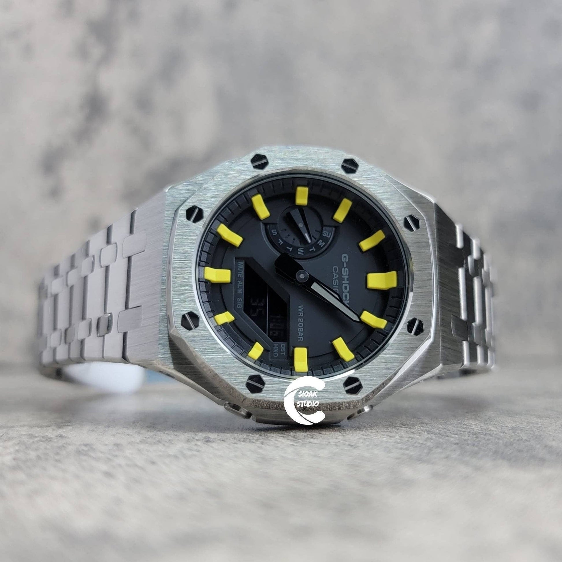 Casioak Mod Watch Silver Case Metal Strap Black Yellow Time Mark Black Dial 44mm- Casioak Mod Casio G-Shock Royal Oak Custom Mens Luxury Watches Ga2100