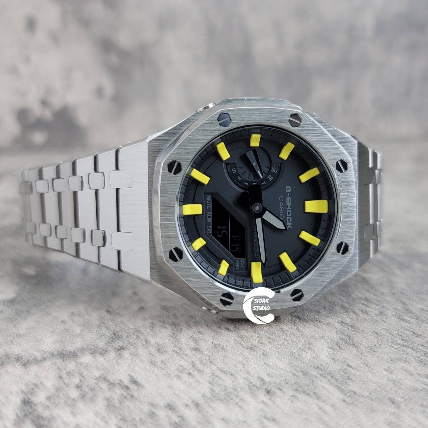 Casioak Mod Watch Silver Case Metal Strap Black Yellow Time Mark Black Dial 44mm- Casioak Mod Casio G-Shock Royal Oak Custom Mens Luxury Watches Ga2100