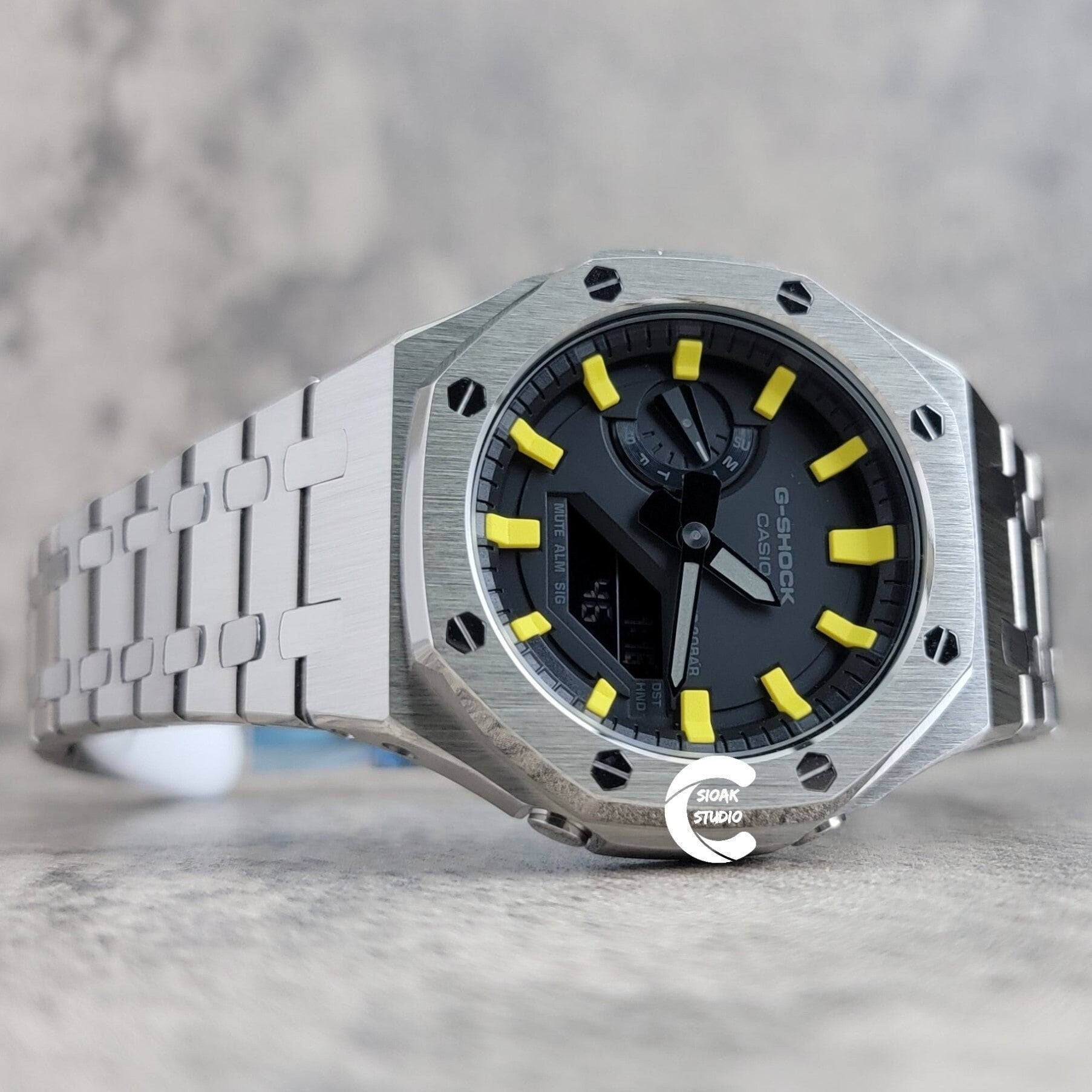 Casioak Mod Watch Silver Case Metal Strap Black Yellow Time Mark Black Dial 44mm- Casioak Mod Casio G-Shock Royal Oak Custom Mens Luxury Watches Ga2100