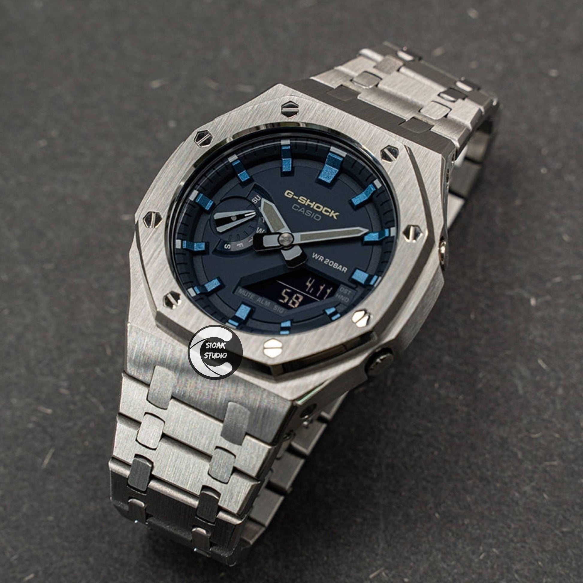 Casioak Mod Watch Silver Case Metal Strap Blue Blue Time Mark Blue Dial 44mm- Casioak Mod Casio G-Shock Royal Oak Custom Mens Luxury Watches Ga2100