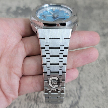 Casioak Mod Watch Silver Case Metal Strap Blue Silver Time Mark Black Dial 44mm Unique- Casioak Mod Casio G-Shock Royal Oak Custom Mens Luxury Watches Ga2100