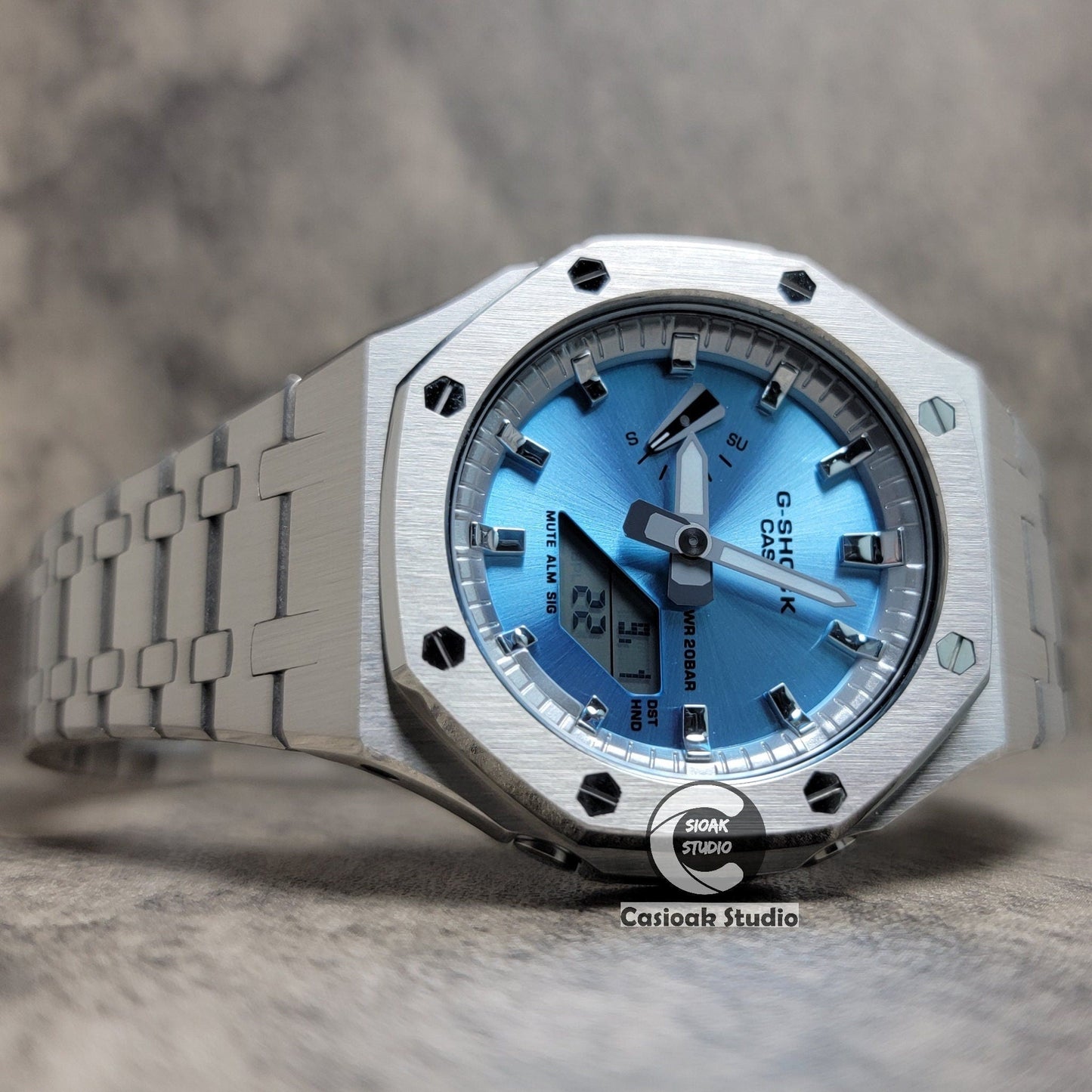 Casioak Mod Watch Silver Case Metal Strap Blue Silver Time Mark Black Dial 44mm Unique- Casioak Mod Casio G-Shock Royal Oak Custom Mens Luxury Watches Ga2100