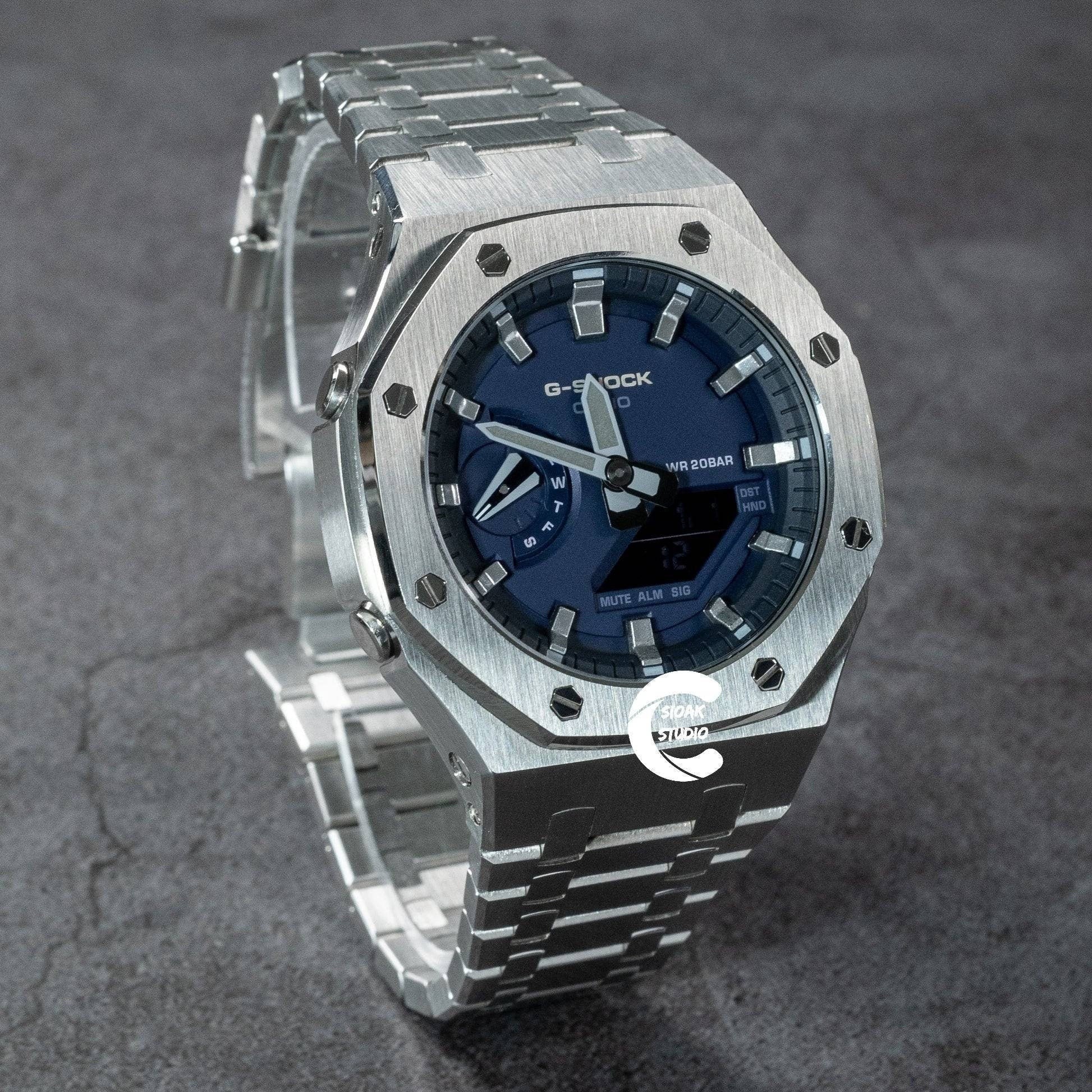 Casioak Mod Watch Silver Case Metal Strap Blue Silver Time Mark Blue Dial 44mm- Casioak Mod Casio G-Shock Royal Oak Custom Mens Luxury Watches Ga2100