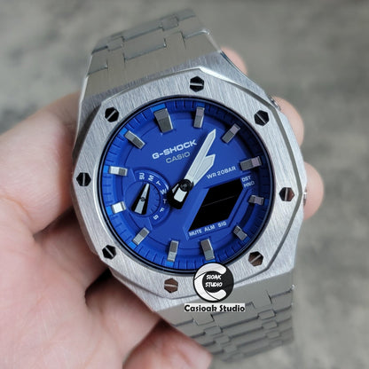 Casioak Mod Watch Silver Case Metal Strap Blue Silver Time Mark Blue Dial 44mm- Casioak Mod Casio G-Shock Royal Oak Custom Mens Luxury Watches Ga2100