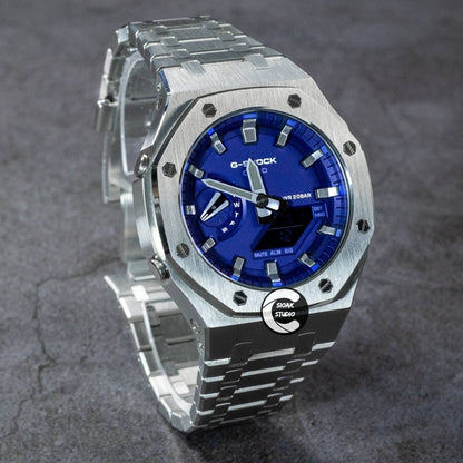 Casioak Mod Watch Silver Case Metal Strap Blue Silver Time Mark Blue Dial 44mm- Casioak Mod Casio G-Shock Royal Oak Custom Mens Luxury Watches Ga2100